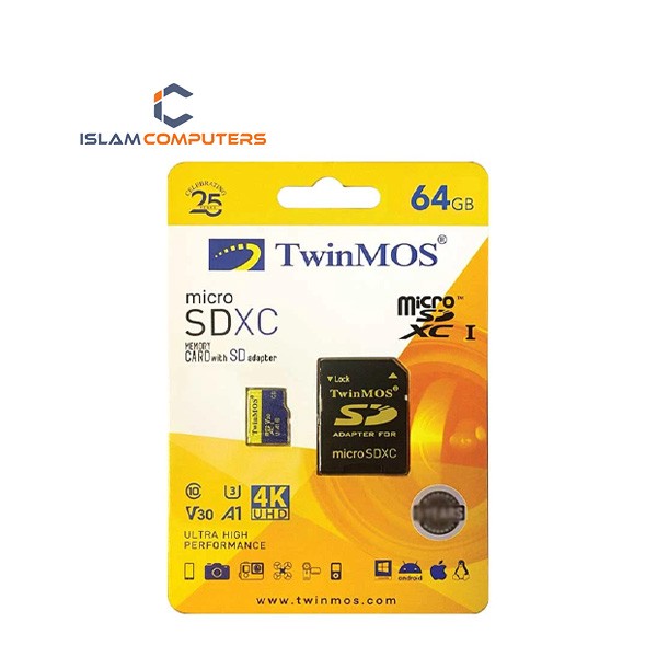 Twinmos 64GB MicroSDXC UHS-I U3 Class 10 V30 Memory Card with Adapter (TM64MSDXC10V30U3)